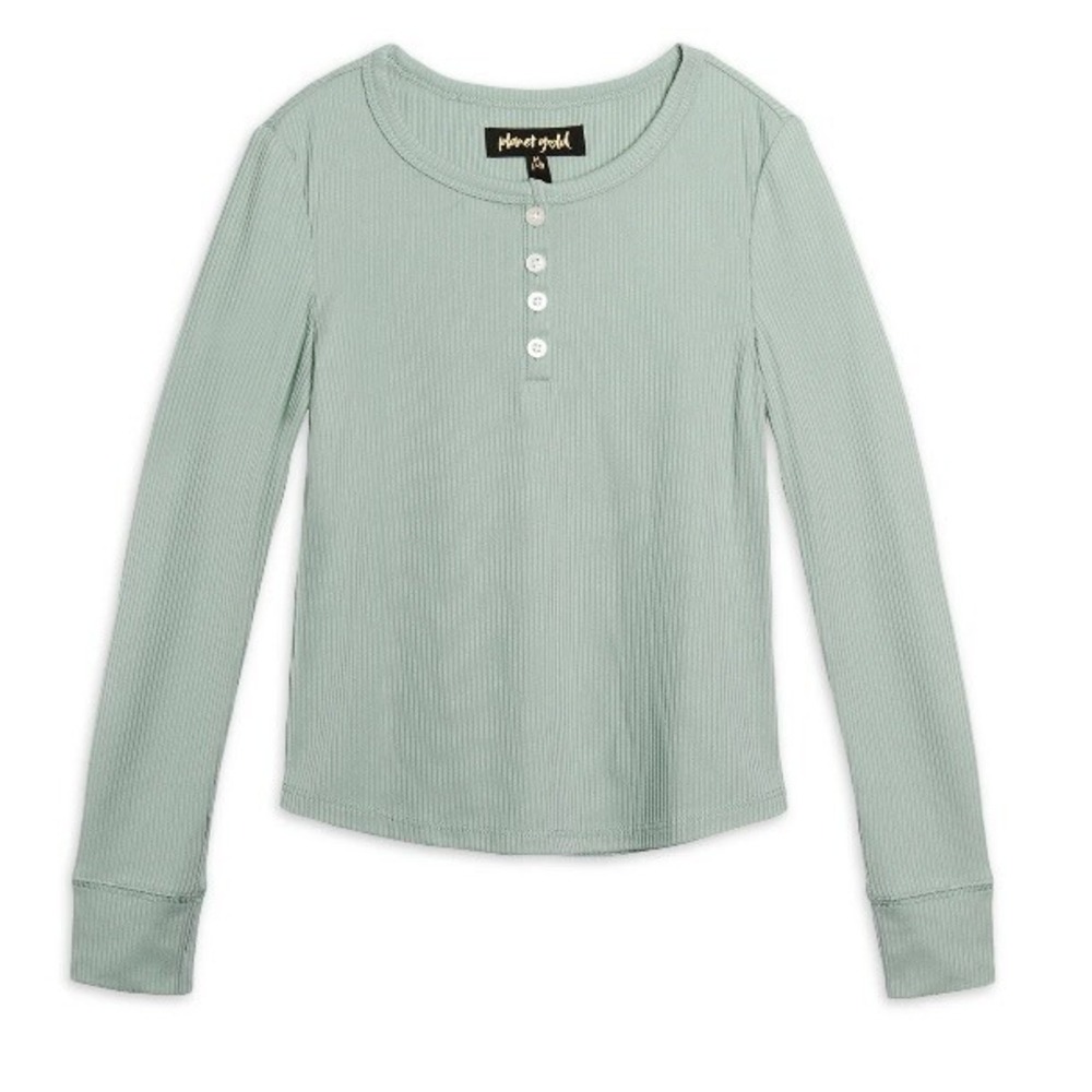 Planet Gold Girls Long Sleeve Henley XS 4-5 New with Tags Green Yummy Rib Cuffed